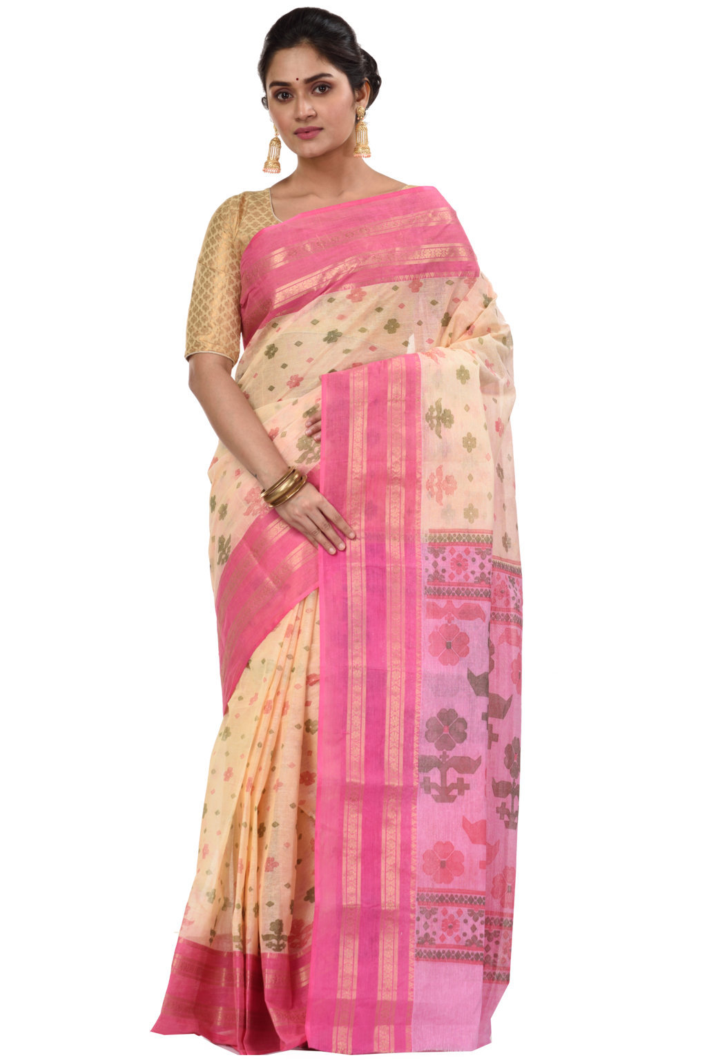 Pink Pure Cotton FullBall Print Tant Saree Print (433)